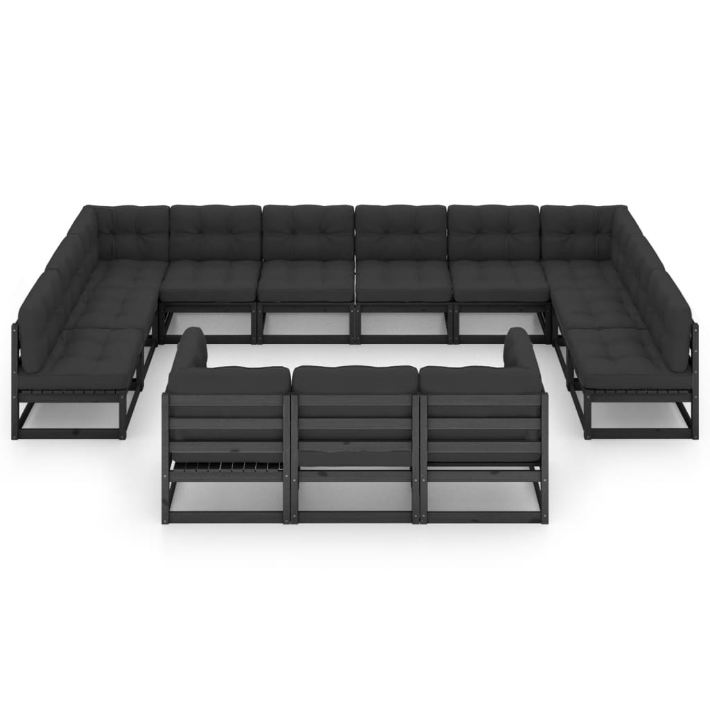 13-tlg. Garten-Lounge-Set mit Kissen Schwarz Massivholz Kiefer